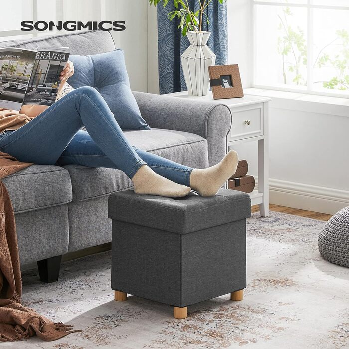 Складаний пуф SONGMICS зі сховищем, 38x38x40 см, шкіряний, до 300 кг, для вітальні та спальні, шифр-графіт