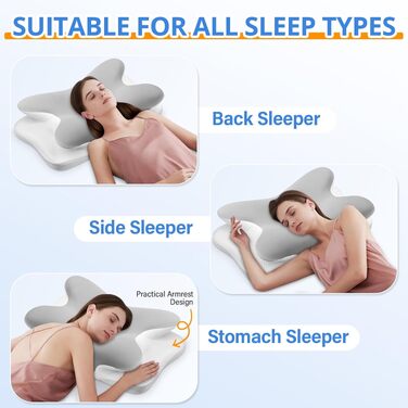 Подушка для шиї Ehomfory з Memory Foam, ергономічна для сну на боці, спині та животі, 67x37x9/12 см, срібляста