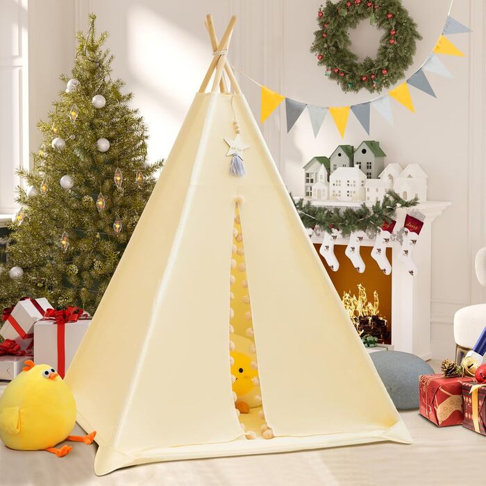 Дитяче намет Tipi з м'якою матрацом, бавовна, канвас. Намет Tipi для дітей, ігровий намет для дівчаток та хлопчиків з зірками та ліхтариками, сумка, прапор (білий, кремовий)