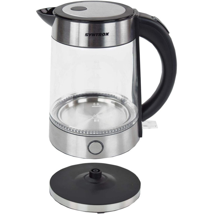 Електрочайник Syntrox Germany WK-2000W, 1.7 л, 2000 Вт, нержавіюча сталь, скляний, бездротовий, з синім LED підсвічуванням