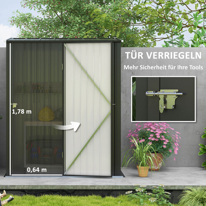 Outsunny Garden Shed 1,34 м² Садова шафа, що закривається, з моноскатним дахом з оцинкованої сталі, 161,5x94,5x196 см, чорний