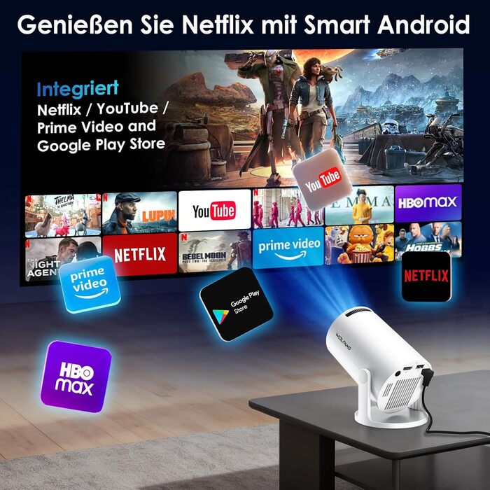Портативний міні-проектор WOLFANG 1080P з WiFi 6, Bluetooth 5.4 та вбудованими додатками, автокоррекція трапецієподібних викривлень, підставка 180°, для дому та кінотеатру
