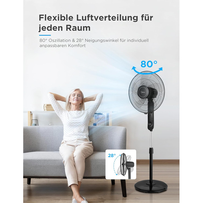 Вентилятор підлоговий Midea FS40-15FR з пультом, 3 режими, LED дисплей, таймер, регульована висота, чорний