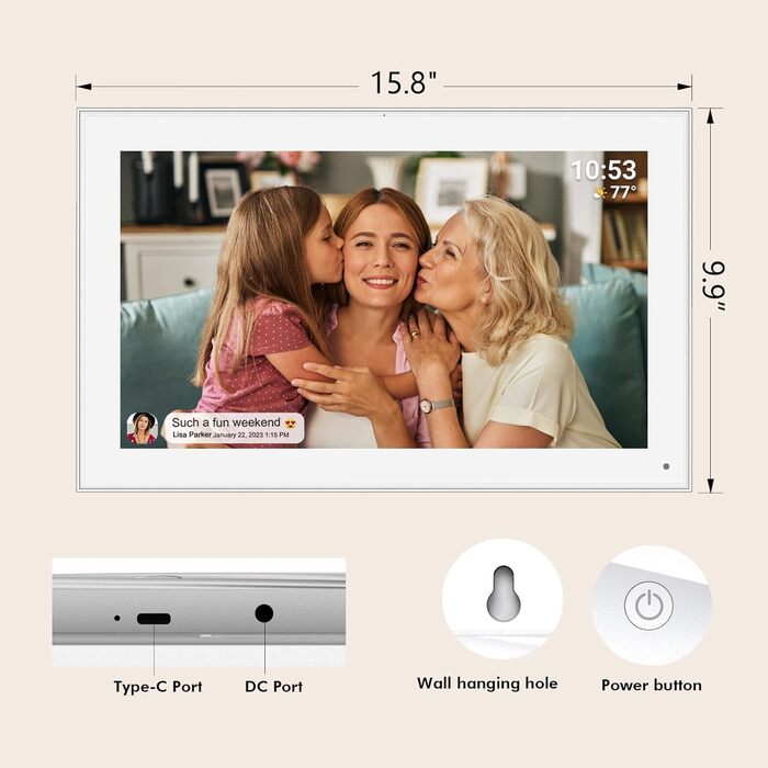 Цифровий фоторамка FRAMEO з Wi-Fi, 32 ГБ, 10,1 дюйма, IPS LCD, сенсорний екран, Smart Cloud, автоматичне обертання, підключення до Frameo App (15,6 дюйми, білий)