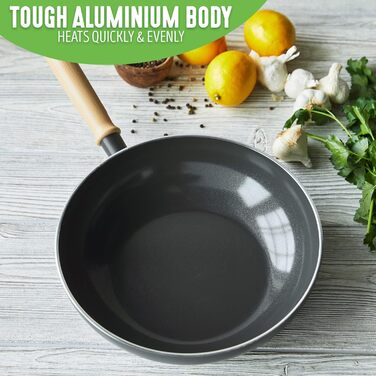 Wok GreenChef Vintage 24 см, 2,5 л, керамічний, антипригарний, PFAS-free, індукційний, дерев'яна ручка, для духовки, сірий