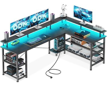 Ігровий кутовий стіл ODK Gaming з LED-підсвіткою та USB-портом, вуглецеве покриття, 168×120 см, чорний