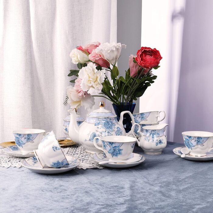 Порцеляновий чайний сервіз Fanquare Blue Flowers на 6 персон: чашки, блюдця, чайник, цукорниця, молочник, весільний набір, китайський кавовий сервіз