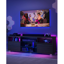 TV-тумба VASAGLE Kailyn LTV331T10 чорна з LED підсвіткою під телевізор до 70 дюймів, з полицями та шафками для вітальні