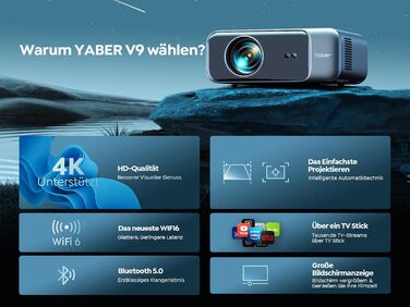 Проектор для домашнього кінотеатру YABER Full HD 1080p (підтримка 4K), автофокус, корекція трапеції, WiFi 6, Bluetooth, портативний outdoor-проектор до 300 дюймів для смартфонів, Fire TV Stick та PS5