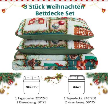 Покривало WONGS BEDDING 240x260 см, стьобане, мікрофібра, комплект 3 предмети: покривало та 2 наволочки 50x75 см, зелений різдвяний малюнок ялинка та олень, для двоспального ліжка