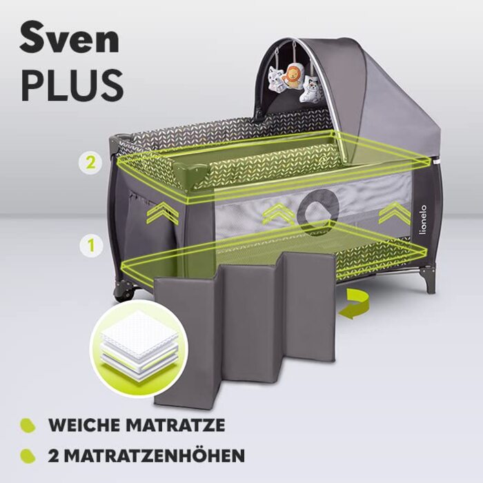 Дитяче ліжечко-манеж Lionelo Sven Plus 4 в 1 з пеленатором, москітною сіткою, бічним входом і сумкою, для дітей від народження до 15 кг, складане
