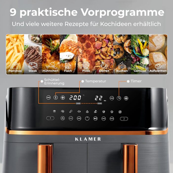Аерофритюрниця KLAMER Duo 9L з двома кошиками та цифровим дисплеєм, 10 автоматичних програм, 3000 Вт, мідна, для здорового приготування без олії