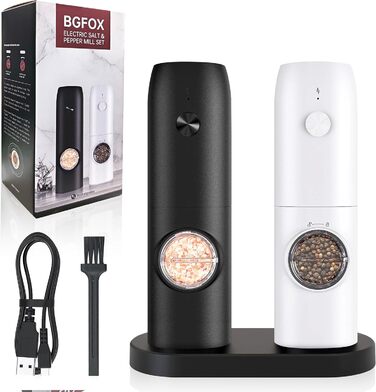 Електричні млини для солі та перцю BGFOX, 2 шт, з LED-підсвіткою, керамічний механізм, USB-зарядка, чорний і білий