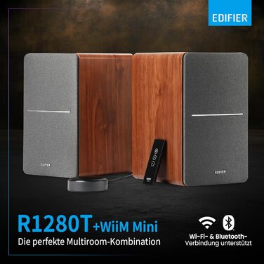 Активні WiFi-колонки Edifier R1280T+WiiM Mini, 42 Вт, Multiroom, Bluetooth, Hi-Res Audio 24Bit/96kHz, DSP, оптичний вхід, пульт, дерево