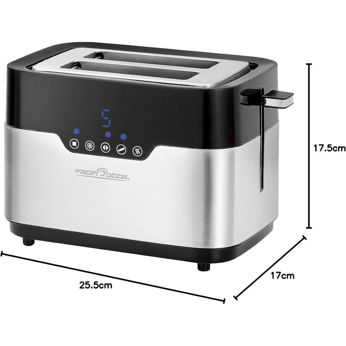 Тостер ProfiCook PC-TA 1170 з сенсорним управлінням, 2 скибки, підігрів булочок, 7 ступенів підсмажування, нержавіюча сталь, чорний
