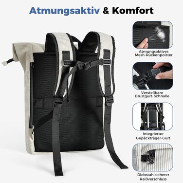 Водонепроникний рюкзак для ноутбука Rolltop 18-25Л, бежевий (30x13x48 см)