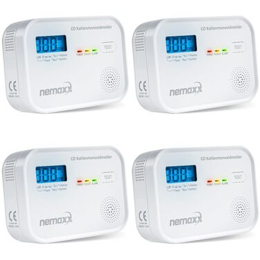 Детектор чадного газу NEMAXX® CM18 з LCD-дисплеєм, електрохімічний сенсор, 85 дБ, стандарт EN 50291-1:2018, термін служби 10 років (набір 4 шт.)