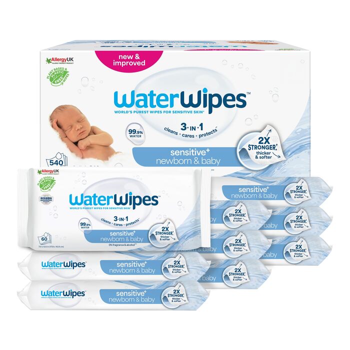 Дитячі вологі серветки WaterWipes Sensitive+ для новонароджених та чутливої шківи, 99,9% води, 6 пачок по 90 шт (загалом 540 шт)