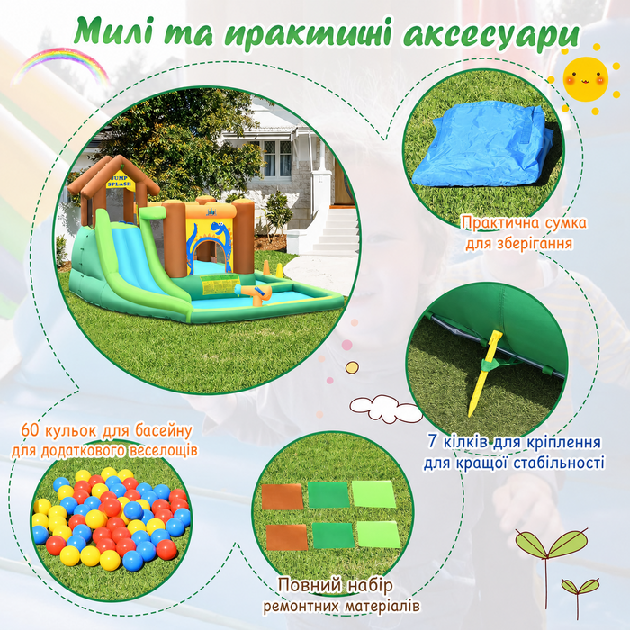Надувний водний ігровий центр з гіркою COSTWAY 368x303x230 см – батут, басейн, водна гірка, водний парк для дітей