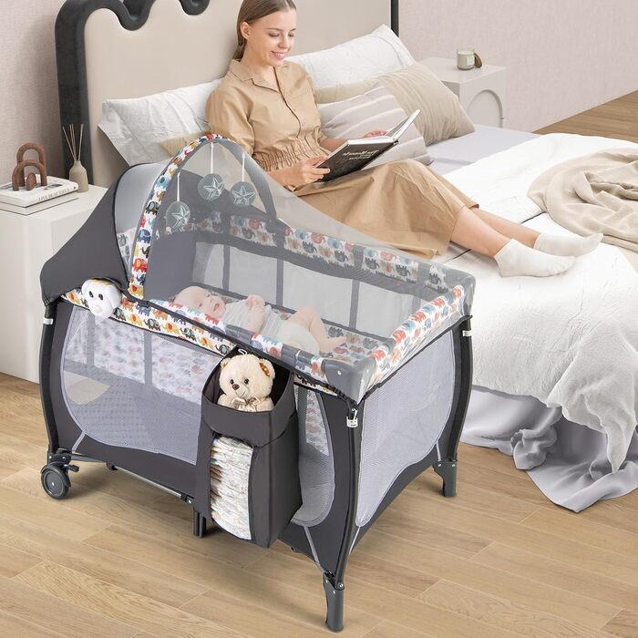 Дитяче ліжко-манеж DREAMADE 102x72 см, 3 в 1 з матрацом, москітною сіткою та пеленальним столиком, для немовлят та дітей 0-36 місяців (кольоровий)
