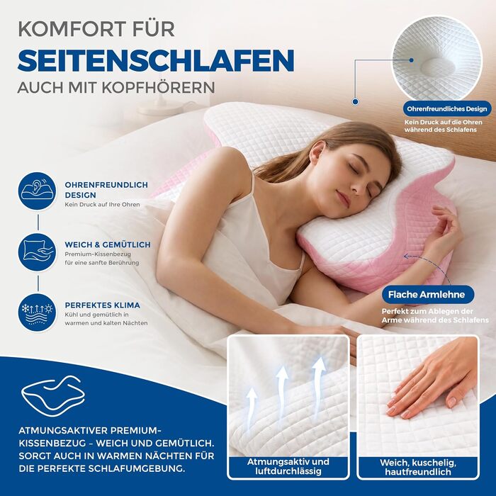 Ортопедична подушка для шиї та голови Premium з ефектом пам'яті (Memory Foam), ергономічна подушка-метелик для сну на боці та спині, рожева, зі знімним чохлом