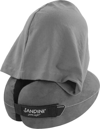 Подушка для подорожей SANDINI TravelFix Hoodie з ергономічною підтримкою шиї та капюшоном, преміум велюр, антрацит, чохол у комплекті