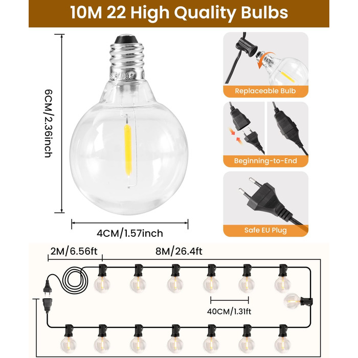 LED гірлянда для вулиці, 20м, з цоколем G40, 30+2 лампочки, пластик, IP44, вологостійка, для саду, вечірки, тепле біле світло (тепле жовте, 10м, EU)