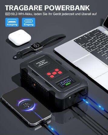 Пусковий інвертор Povasee Jump Starter 6000A з компресором 150 PSI, Powerbank для авто 12V, електричний насос та ліхтариком (Помаранчевий/Чорний/Червоний)