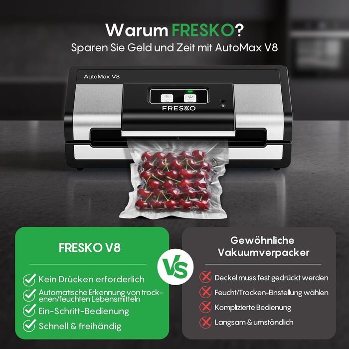 Вакууматор FRESKO Automatik для продуктів: автоматичний вакуумний пакувальник з турбо-потужністю 18л/хв, керування однією кнопкою, комплект з 2 рулонами для пакетів