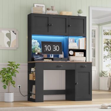 Письмовий стіл FirFurd 180x120x50 см з шухлядами, полицею для книг, LED-підсвіткою та розетками - дерев'яний комп'ютерний стіл для офісу, кабінету, дитячої кімнати (Чорний)