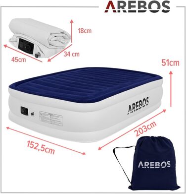 Надувний матрац Arebos 203×152,5×51 см для двох з електричною помпою, синьо-білий, для дому та кемпінгу, з сумкою