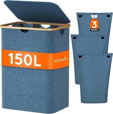 Кошик для білизни Lifewit 150 л з кришкою, 3-секційний сортувальник з бамбуковими ручками, знімні мішки, синій