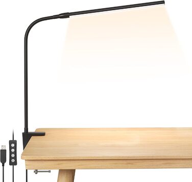 Lepro LED настільна лампа з прищіпкою, архітекторська лампа зі штангою, захист для очей, USB, 3 режими кольору, 10 рівнів яскравості, диммована, для офісу, чорна