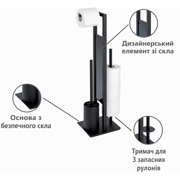 Підлоговий комплект для туалету WENKO Rivalta з тримачем для туалетного паперу та щітки, матовий чорний, сталь, 23x70x18 см