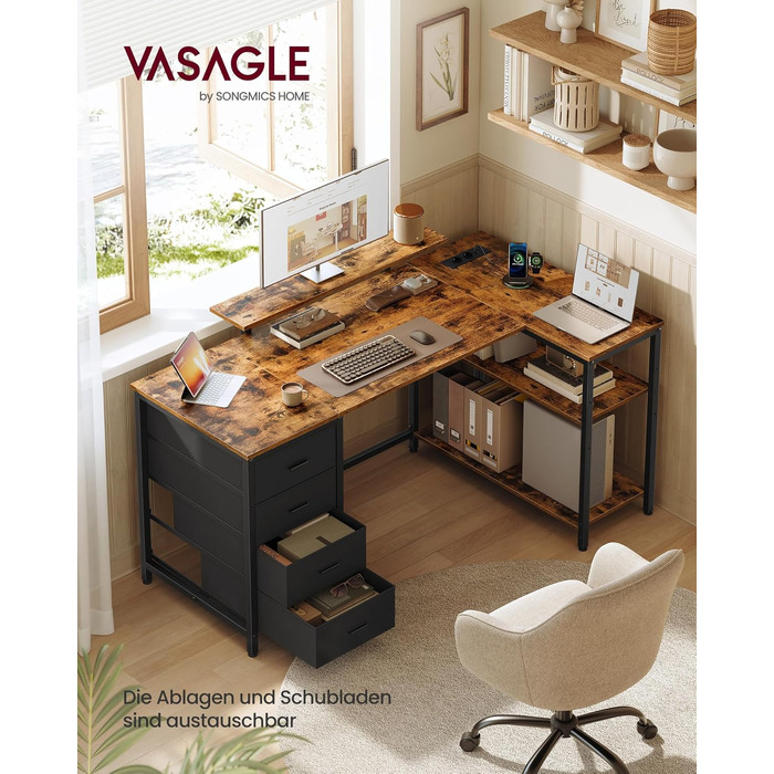 Кутовий комп'ютерний стіл VASAGLE з розетками та USB, 160x80 см, Vintagebraun (LWD173KD01) - ігровий стіл з шухлядами