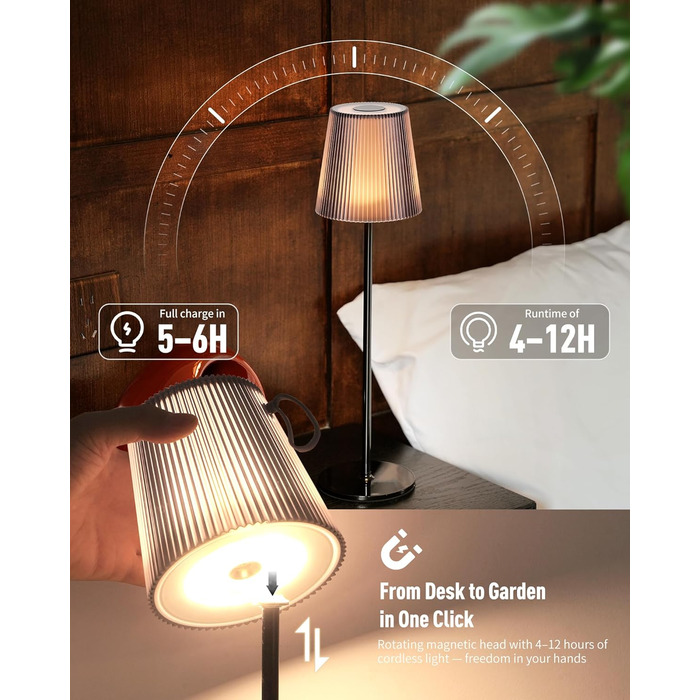 LED настільна лампа LuminexDesigns бездротова з акумулятором 5200mAh, регульована яскравість, IP54 вологостійка, для спальні, офісу, саду, декору, біла (сучасний дизайн, компактна, чорна)