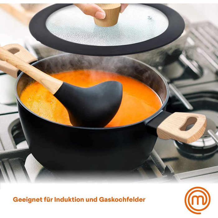 Каструля MasterChef з кришкою 20 см, алюмінієва, антипригарна, індукційна, з дерев'яною ручкою, універсальна для всіх плит, набір каструль і сковорідок, натуральна колекція