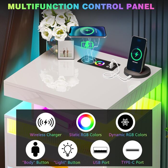 Нічний столик Lvifur з LED-підсвічуванням, сенсором руху та USB/Type-C зарядкою, 2 висувні ящики, бездротова зарядка, 3 кольори, регулювання яскравості, чорний колір