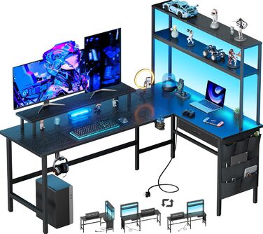 Ігровий стіл L-подібний 170x100 см з LED, 3 розетки, 2 USB, стіл для геймінгу та офісу, чорний