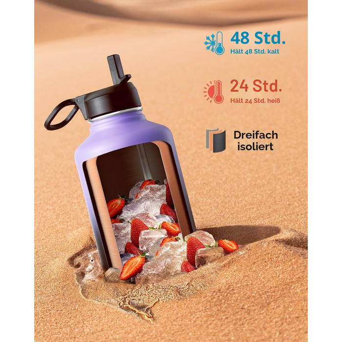 Термобутилка Coolflask з соломиною та 3 кришками, сталева ізольована пляшка для води 2Л для спорту та офісу, герметична, Фіолетовий/Чорний