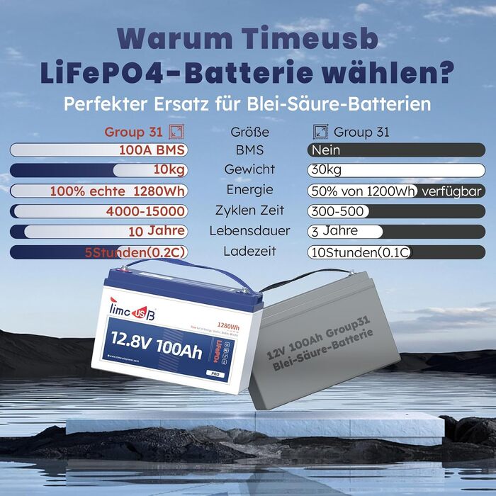 LiFePO4 акумулятор Timeusb Pro 12V 100Ah 640Wh з BMS 50A, літій-залізо-фосфатна батарея