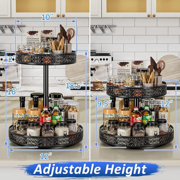 Органайзер Lazy Susan з 2 ярусами, обертовий металевий піднос 30,5 см, регульований, чорний, для спецій, кухні, шафи, ванної