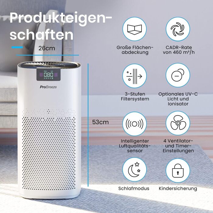 Очищувач повітря Pro Breeze з HEPA 13, UV-C лампою, іонізатором та вугільним фільтром, CADR 460 м³/год, для великих приміщень до 140 м², до 99,95% очищення