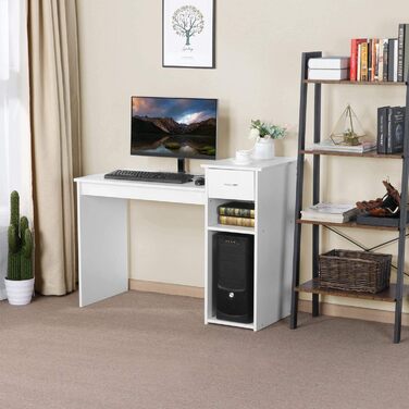 Стіл для комп'ютера Yaheetech 112x82x50 см, білий, з висувною шухлядою та 2 полицями з МДФ, офісний письмовий стіл