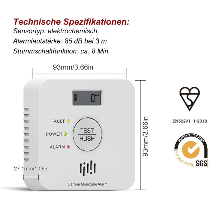 Детектор чадного газу (CO) з LCD-дисплеєм та батареєю на 10 років, стандарт EN50291, кнопка Silent-Test (TCS0202A)