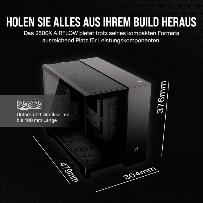 CORSAIR 2500X корпус для ПК mATX, подвійна камера, загартоване панорамне скло, сумісний з реверсивним підключенням материнської плати, без вентиляторів, чорний