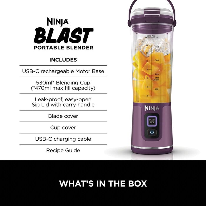 Ninja Blast Портативний блендер 530 мл фіолетового кольору: акумуляторний міні-міксер для смузі, протеїнових коктейлів, криги