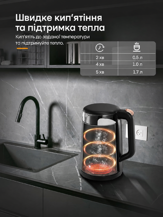 Електричний скляний чайник з регулюванням температури, 1.7 л, 2200 Вт, функція підтримки тепла, авто-вимкнення, захист від перегріву, підсвітка, чорний