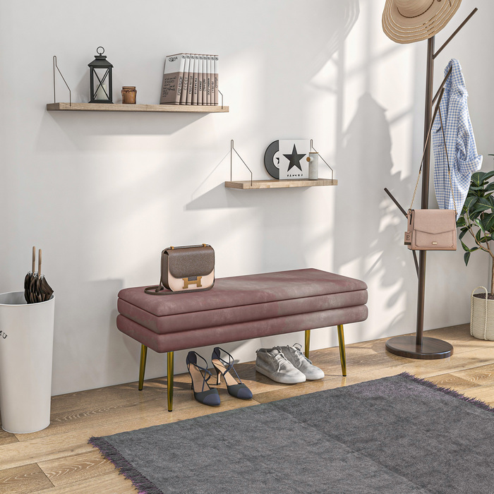 Лавка HOMCOM, М'яка лавка з місцем для зберігання, Оксамитовий ефект, Ліжко Лавка зі сталевими ніжками, Лавка для взуття, Лавка для зберігання для вітальні, Спальня, Рожева, 100 x 37.5 x 42 см
