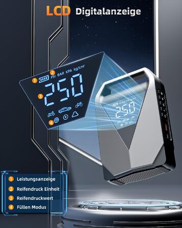 Пусковий пристрій Powerbank з компресором 6в1, бустер для авто 3000А 150PSI для 12В акумуляторів, автозапуск з LCD-екраном, QC3.0 та LED-ліхтарем (для всіх бензинових та дизельних двигунів до 8л)